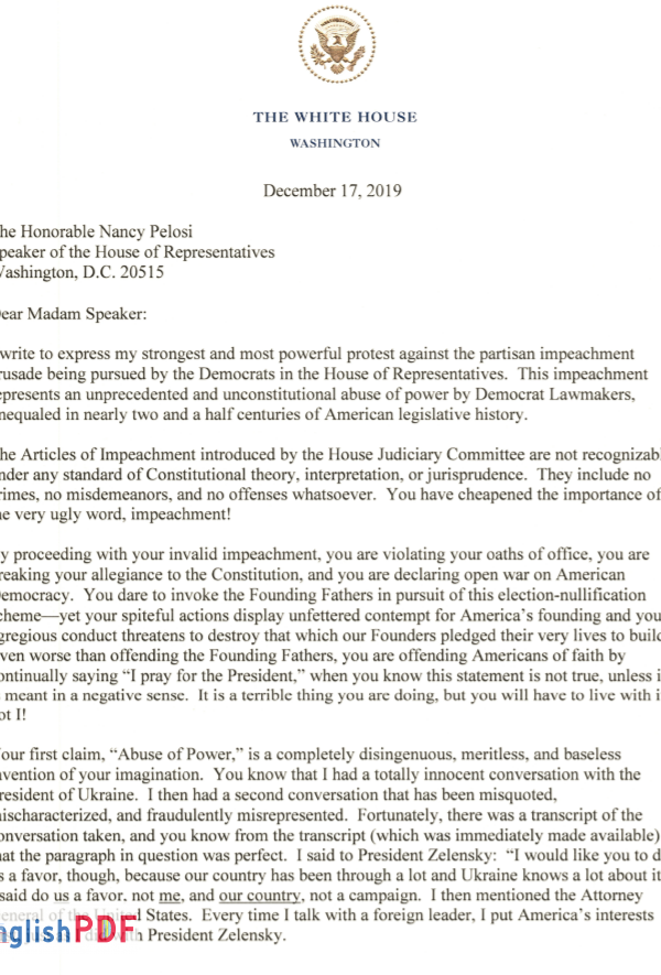 [PDF] Trump Letter to Pelosi PDF